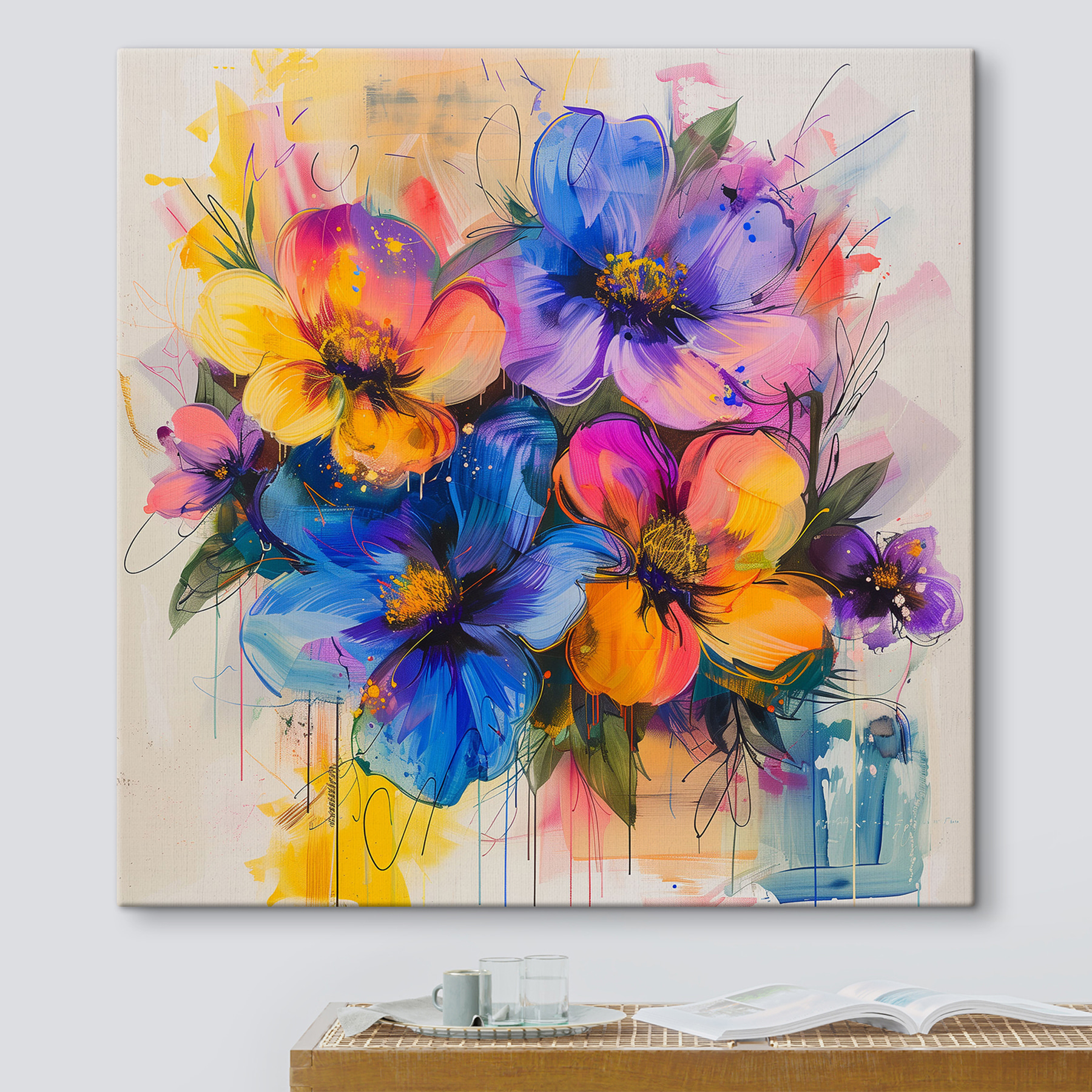Painting of flowers on a white surface Painting of flowers on a white surface