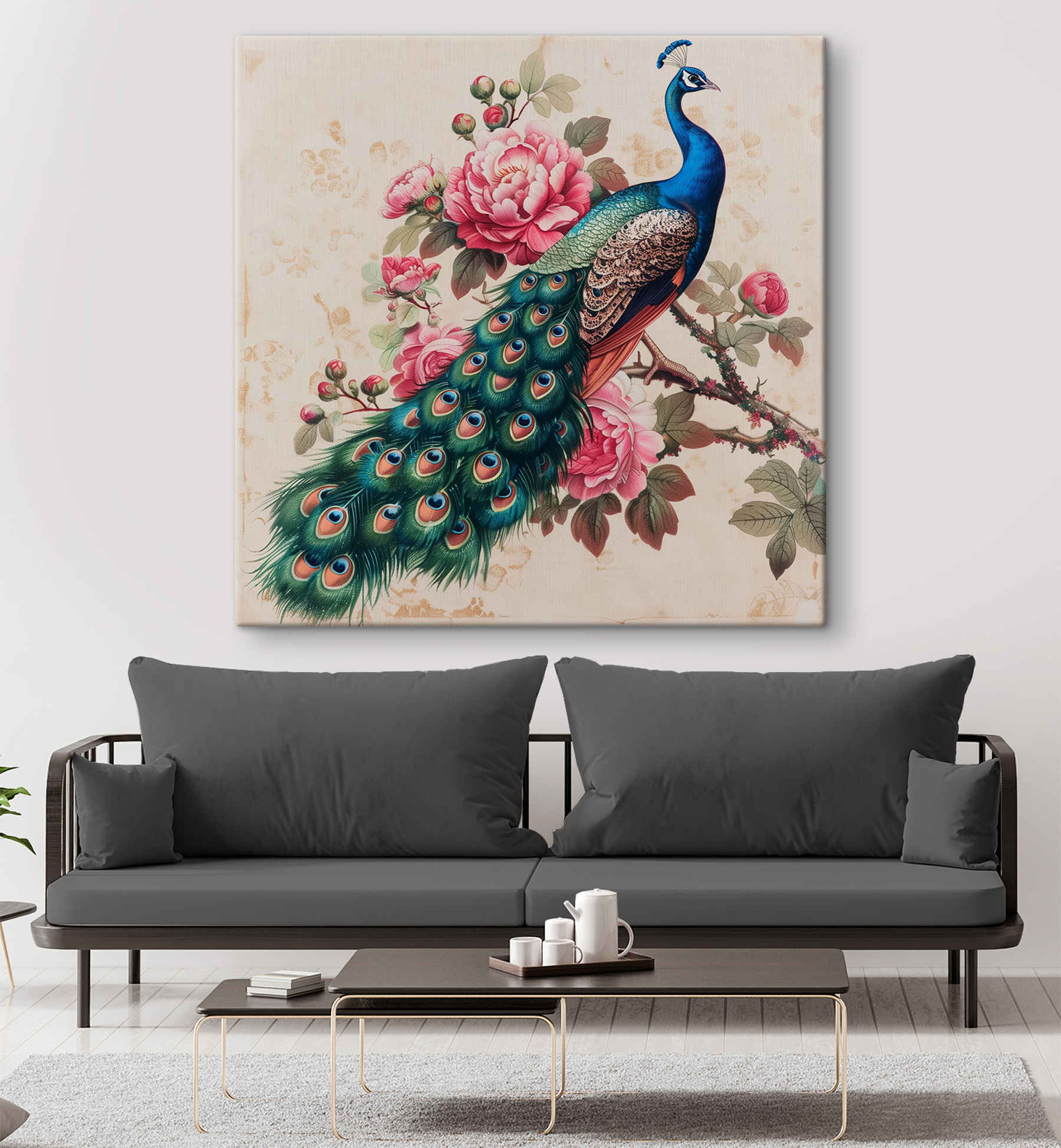 Peacock on a branch with flowers Peacock on a branch with flowers