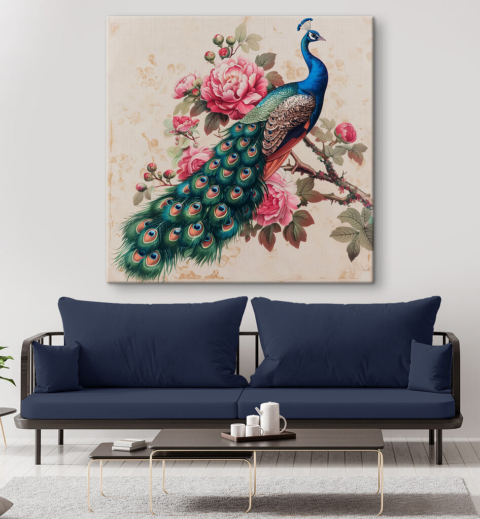 Peacock on a branch with flowers Peacock on a branch with flowers