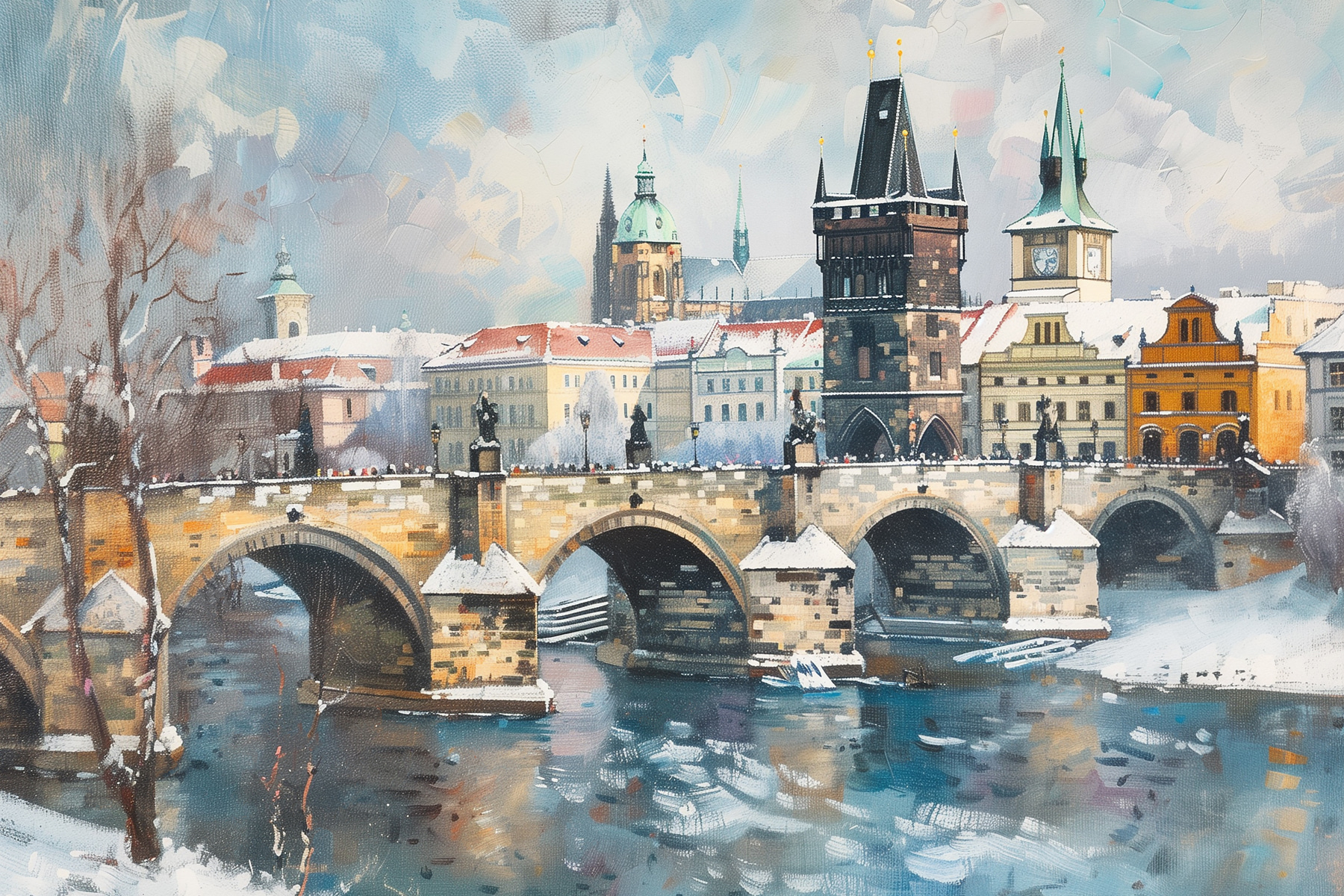 Bridge over water with buildings and snow Bridge over water with buildings and snow