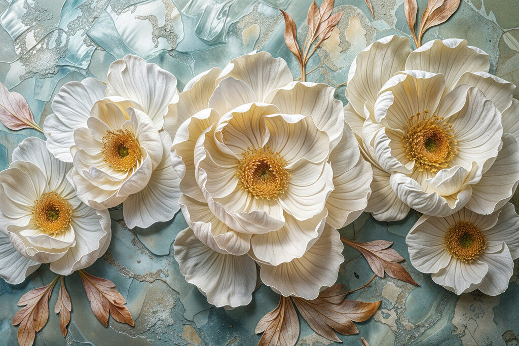 Group of white flowers with leaves on a blue surface