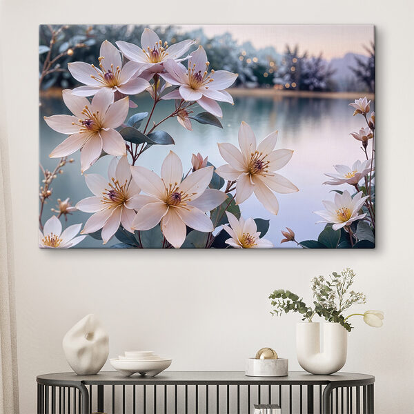 Cuadros Cuadros Ramo de flores blancas junto a un estanque (SKU: s40388)
