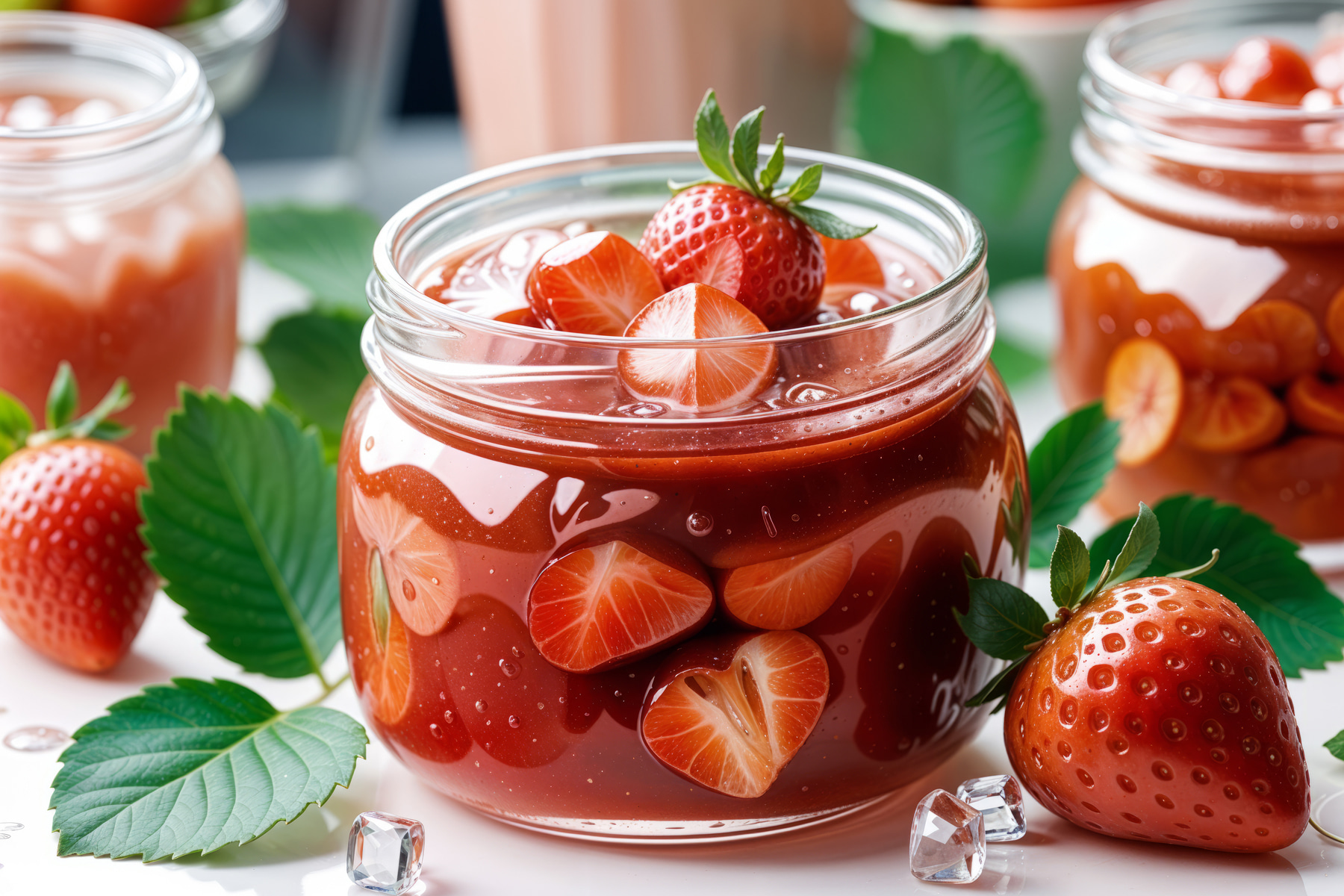 Jar of red liquid with strawberries and leaves Jar of red liquid with strawberries and leaves