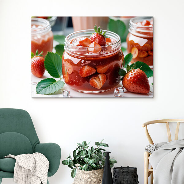 Cuadros Un tarro con un líquido rojo, fresas y hojas (SKU: s40396) Cuadros Cuadros Un tarro con un líquido rojo, fresas y hojas (SKU: s40396)