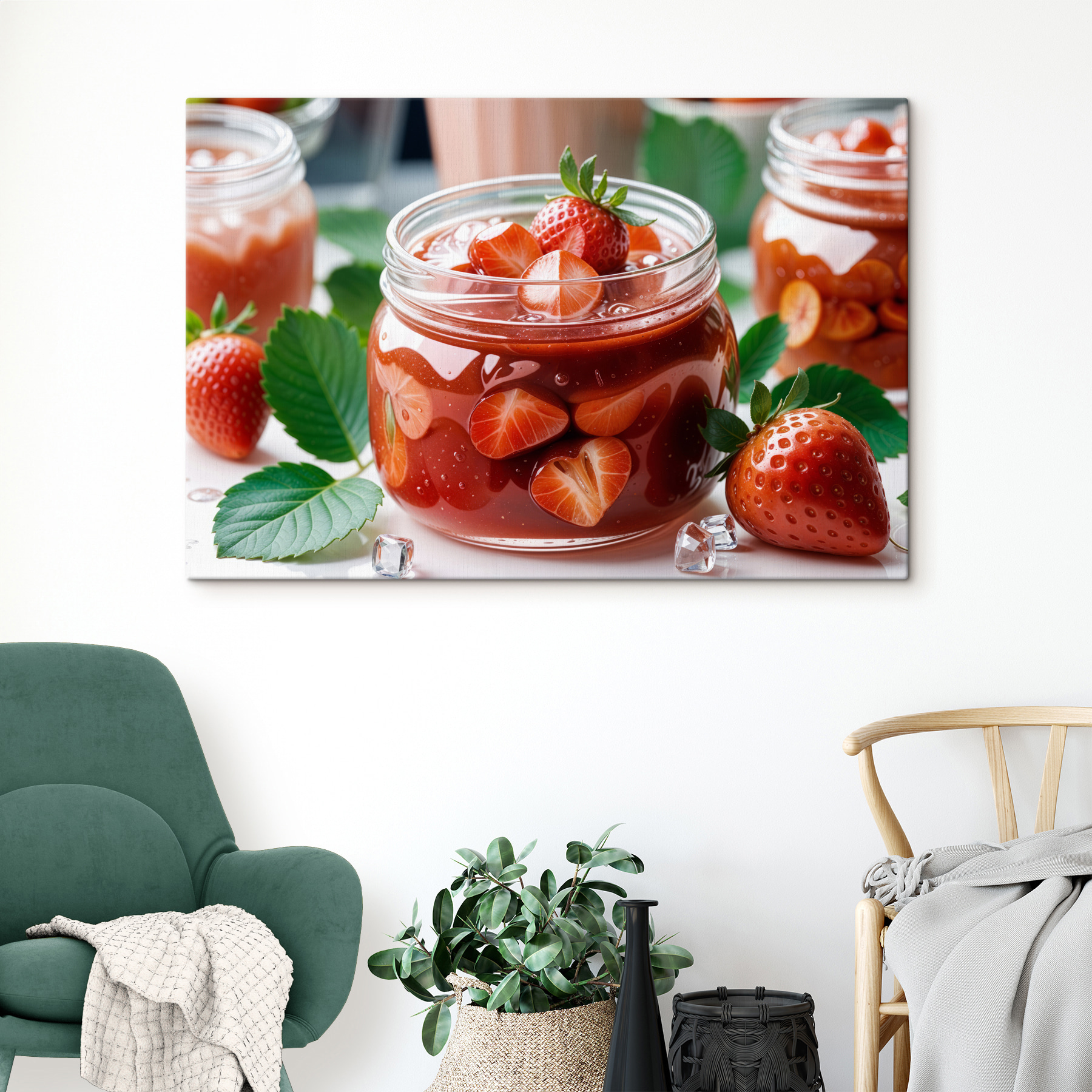 Jar of red liquid with strawberries and leaves Jar of red liquid with strawberries and leaves