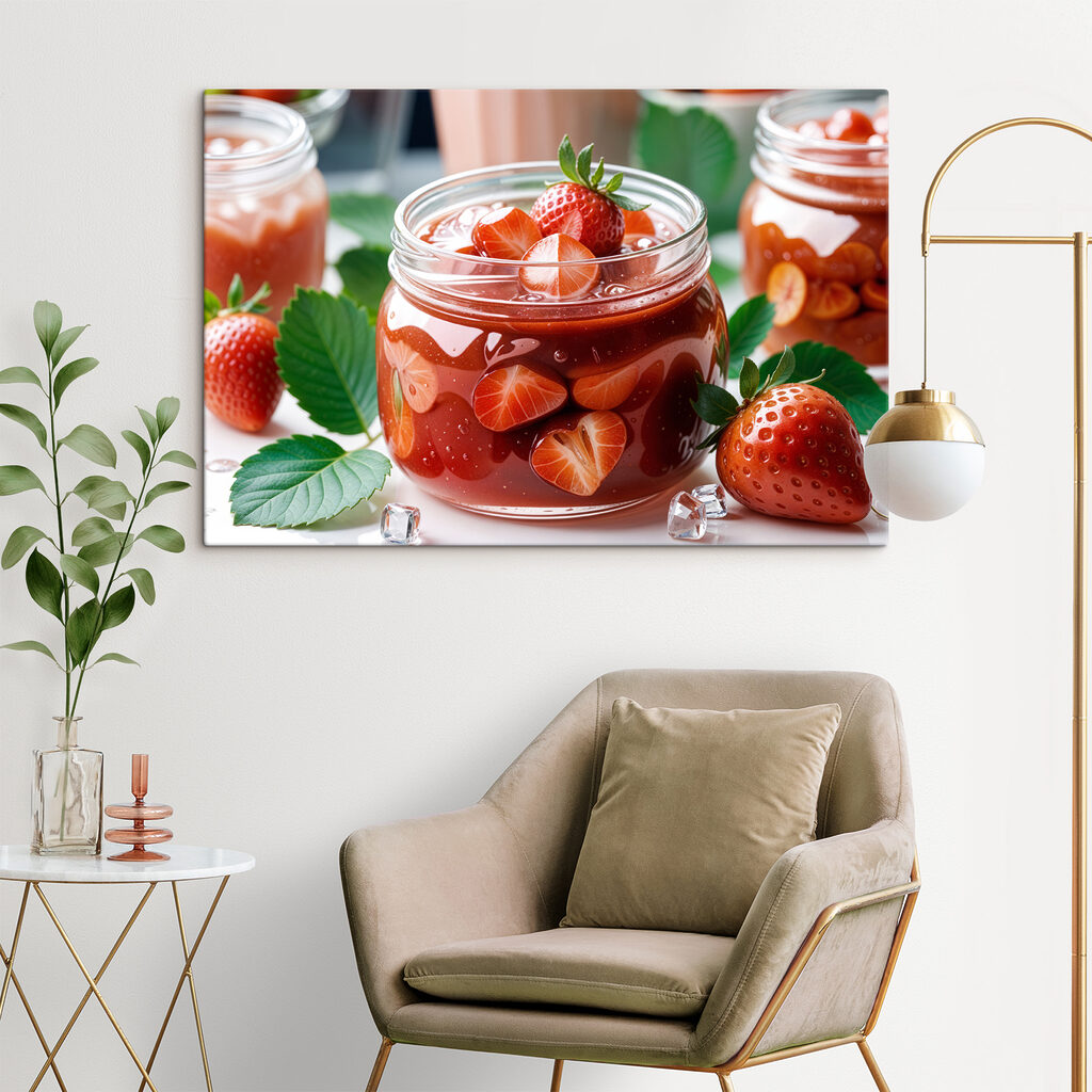 Jar of red liquid with strawberries and leaves Jar of red liquid with strawberries and leaves
