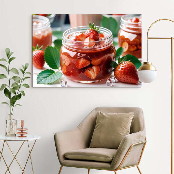 Jar of red liquid with strawberries and leaves Jar of red liquid with strawberries and leaves