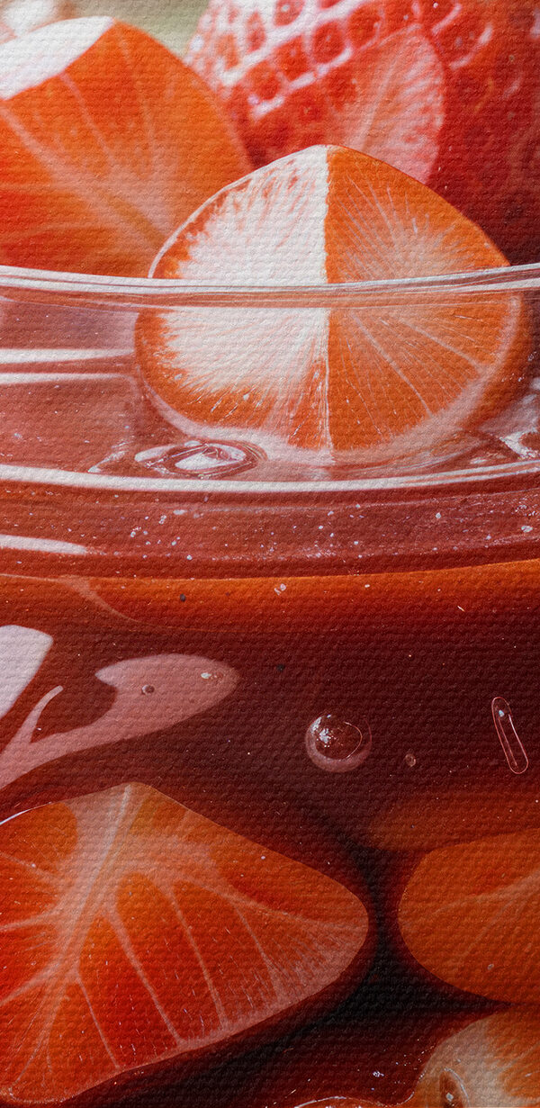 Jar of red liquid with strawberries and leaves Jar of red liquid with strawberries and leaves