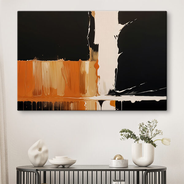 Pintura blanca y naranja que gotea sobre una superficie negra Cuadros Pintura blanca y naranja que gotea sobre una superficie negra
