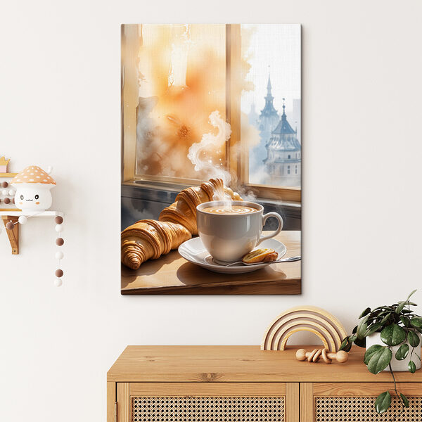 Una taza de café y unos cruasanes sobre una mesa Cuadros Una taza de café y unos cruasanes sobre una mesa