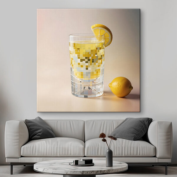 Cuadros Vaso de bebida con una rodaja de limón y otro limón al lado (SKU: s40415) Cuadros Cuadros Vaso de bebida con una rodaja de limón y otro limón al lado (SKU: s40415)