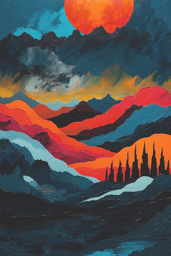 Painting of mountains with colorful hills Painting of mountains with colorful hills