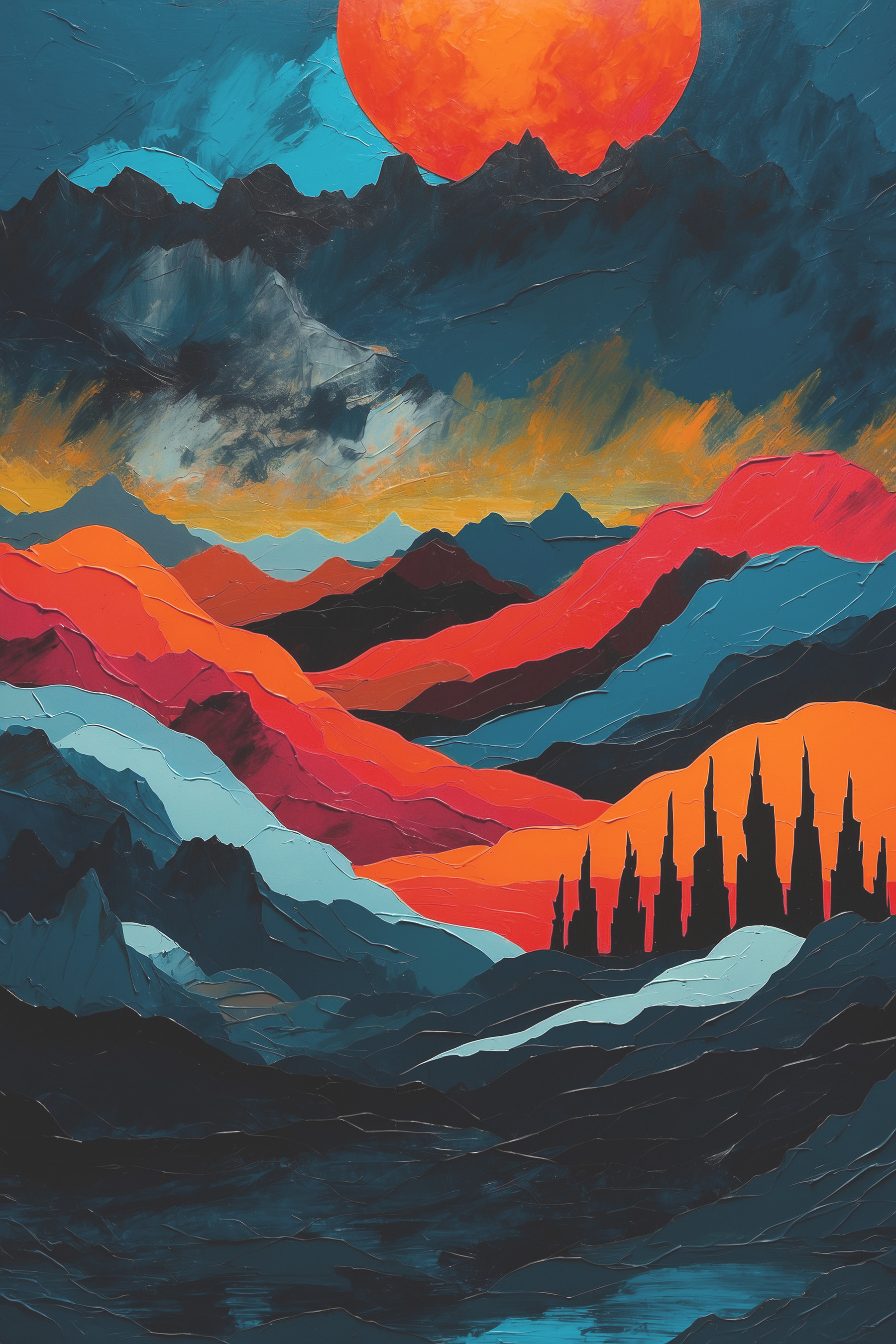 Painting of mountains with colorful hills Painting of mountains with colorful hills