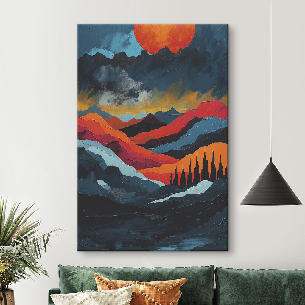 Painting of mountains with colorful hills Painting of mountains with colorful hills