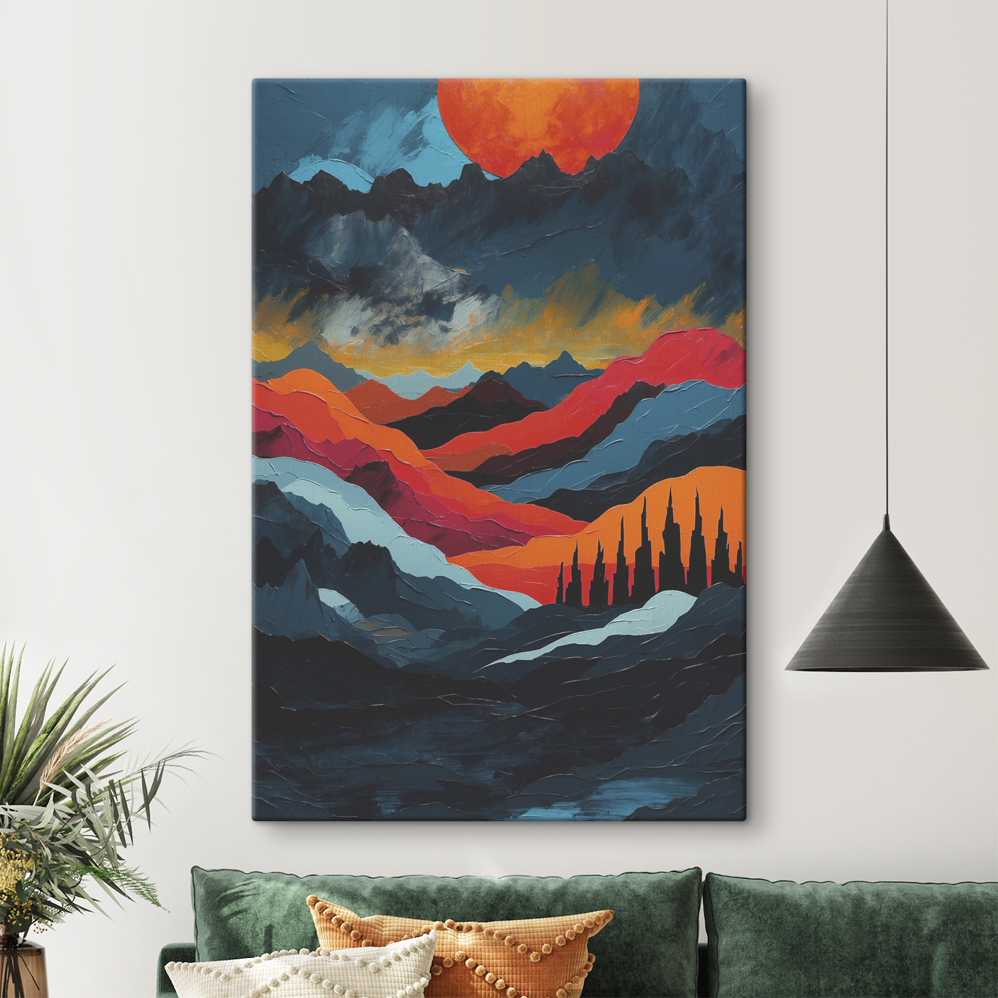 Painting of mountains with colorful hills Painting of mountains with colorful hills