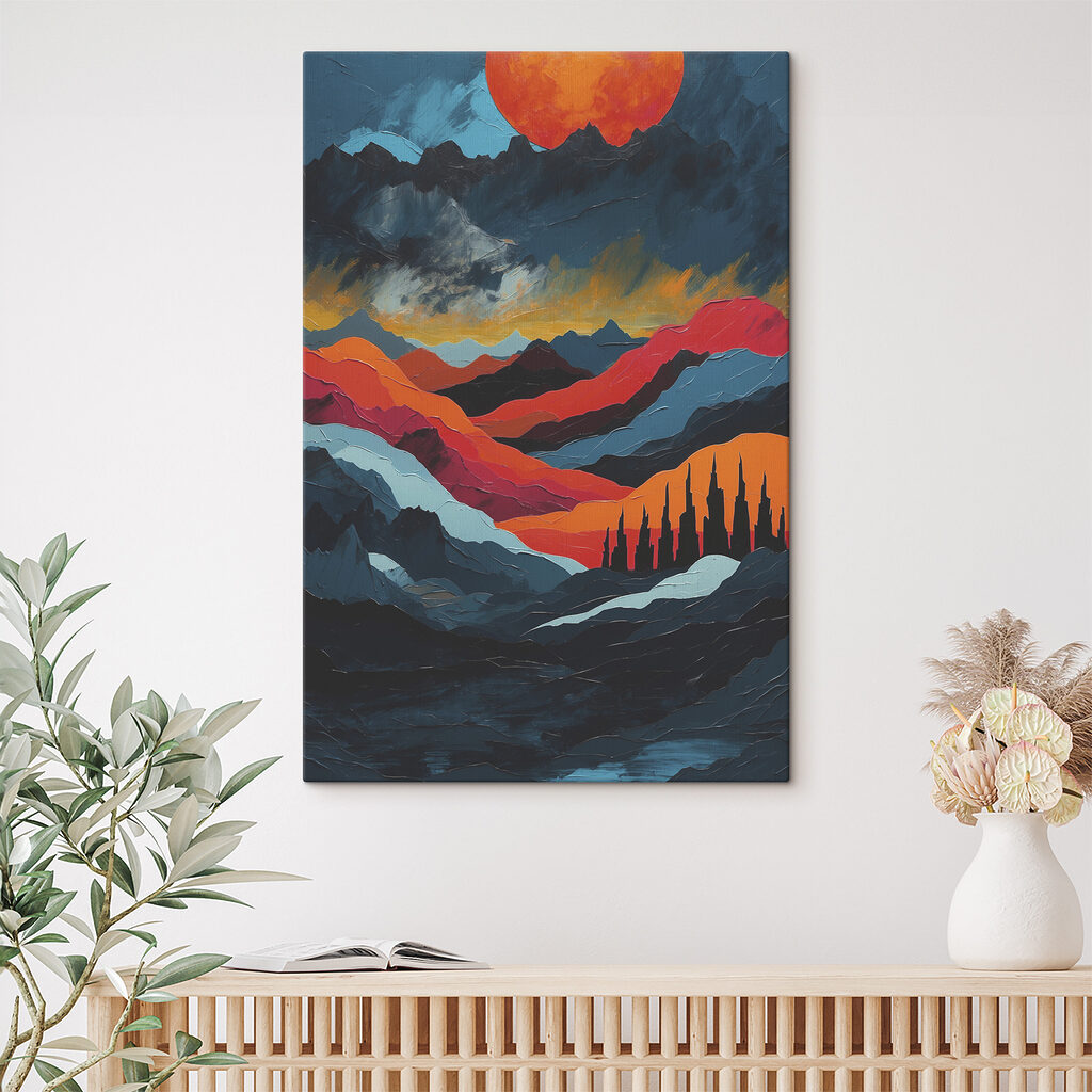 Painting of mountains with colorful hills Painting of mountains with colorful hills