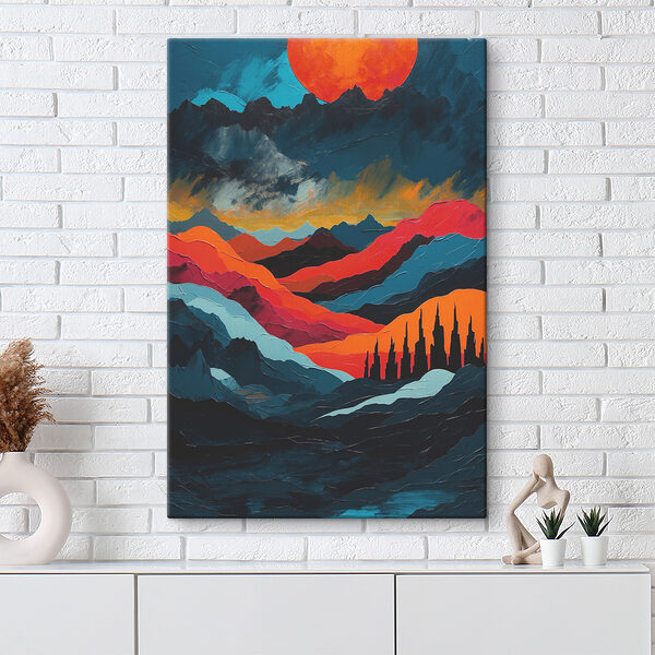 Painting of mountains with colorful hills Painting of mountains with colorful hills