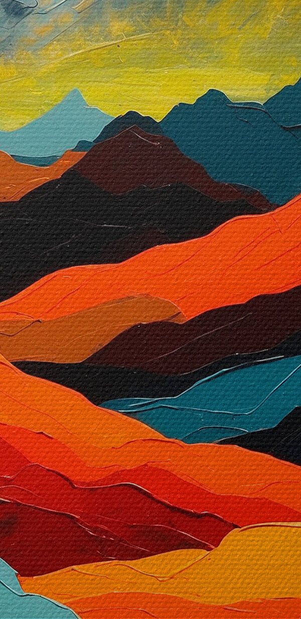 Painting of mountains with colorful hills Painting of mountains with colorful hills