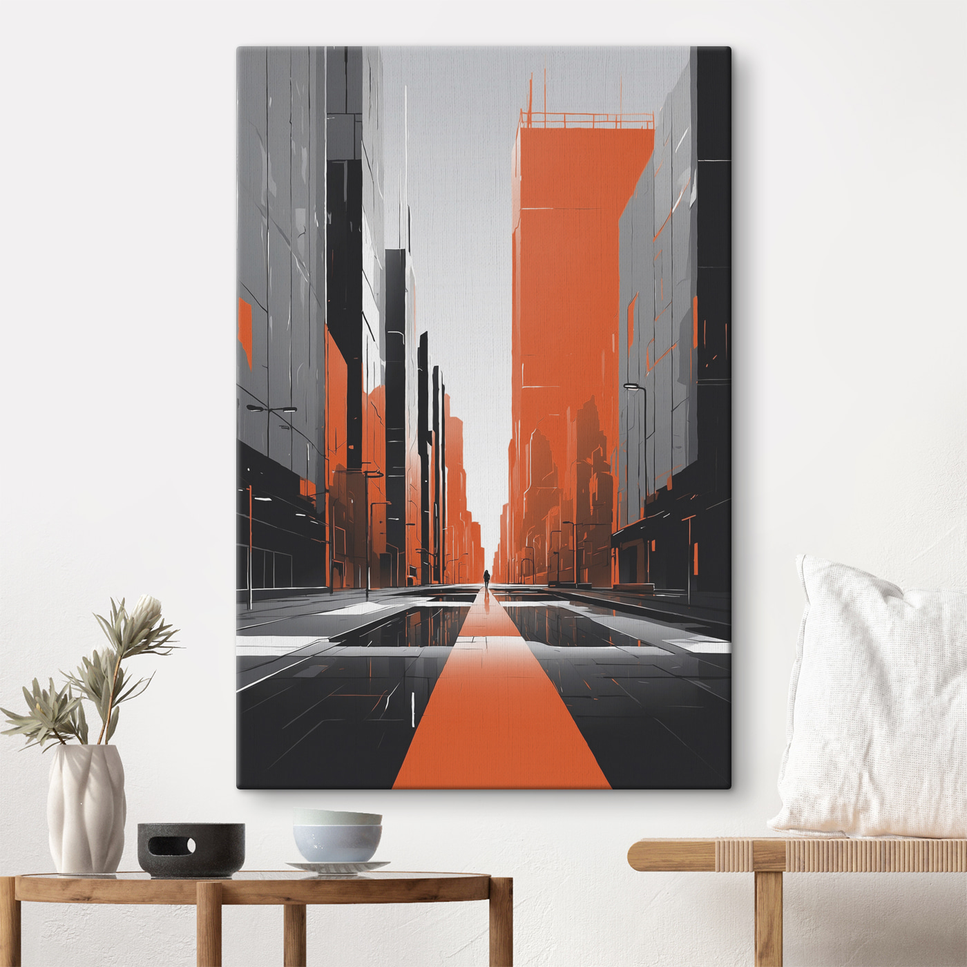 Person walking on a street with tall buildings