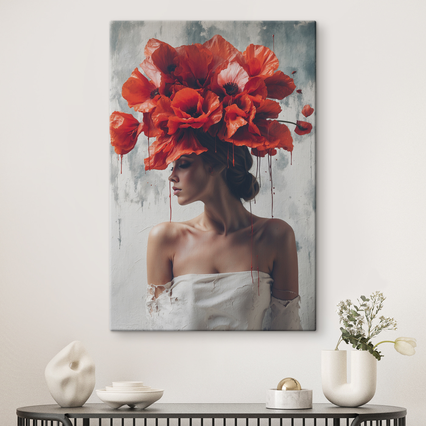 Woman with red flowers on her head Woman with red flowers on her head