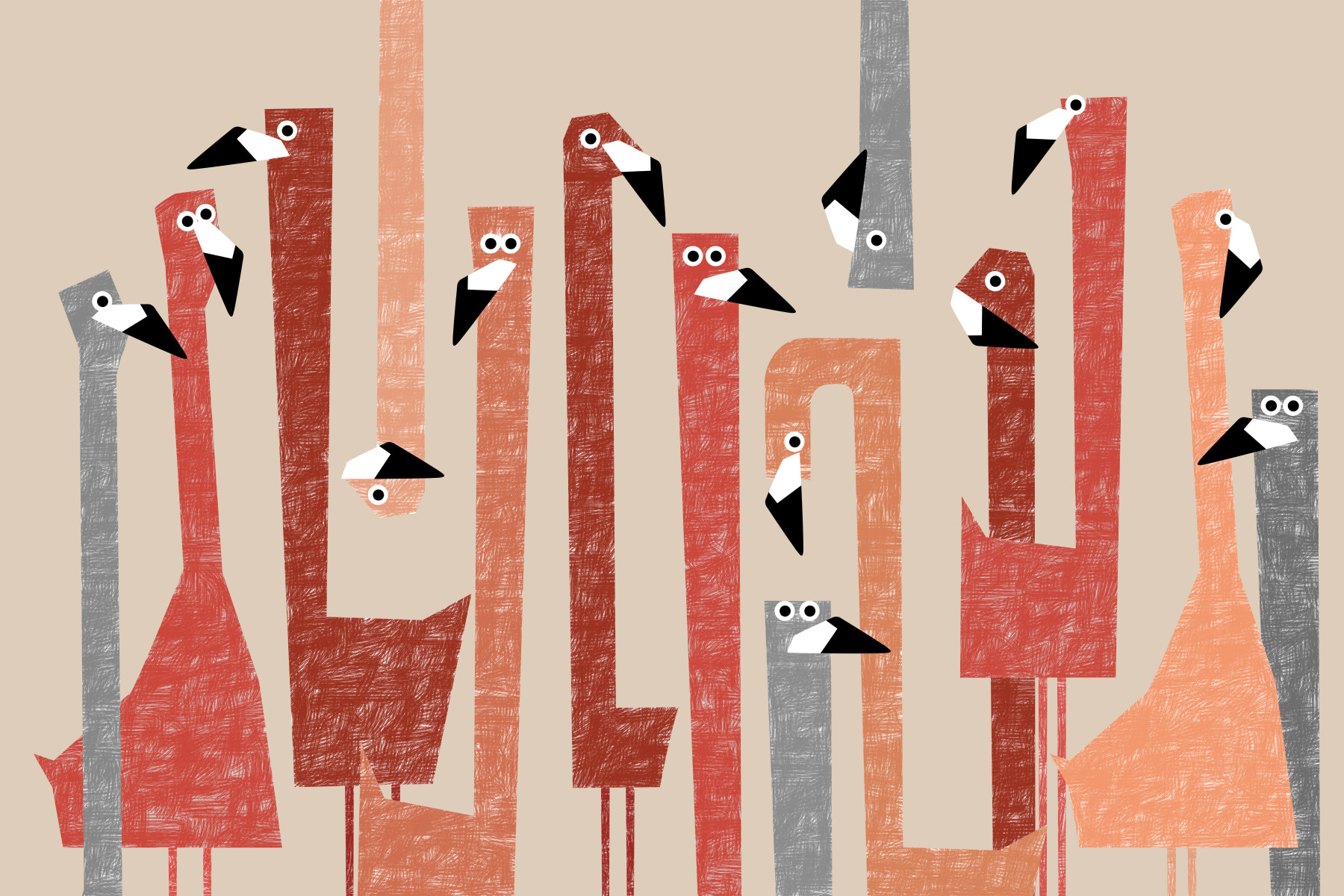 Group of birds with different colored shapes