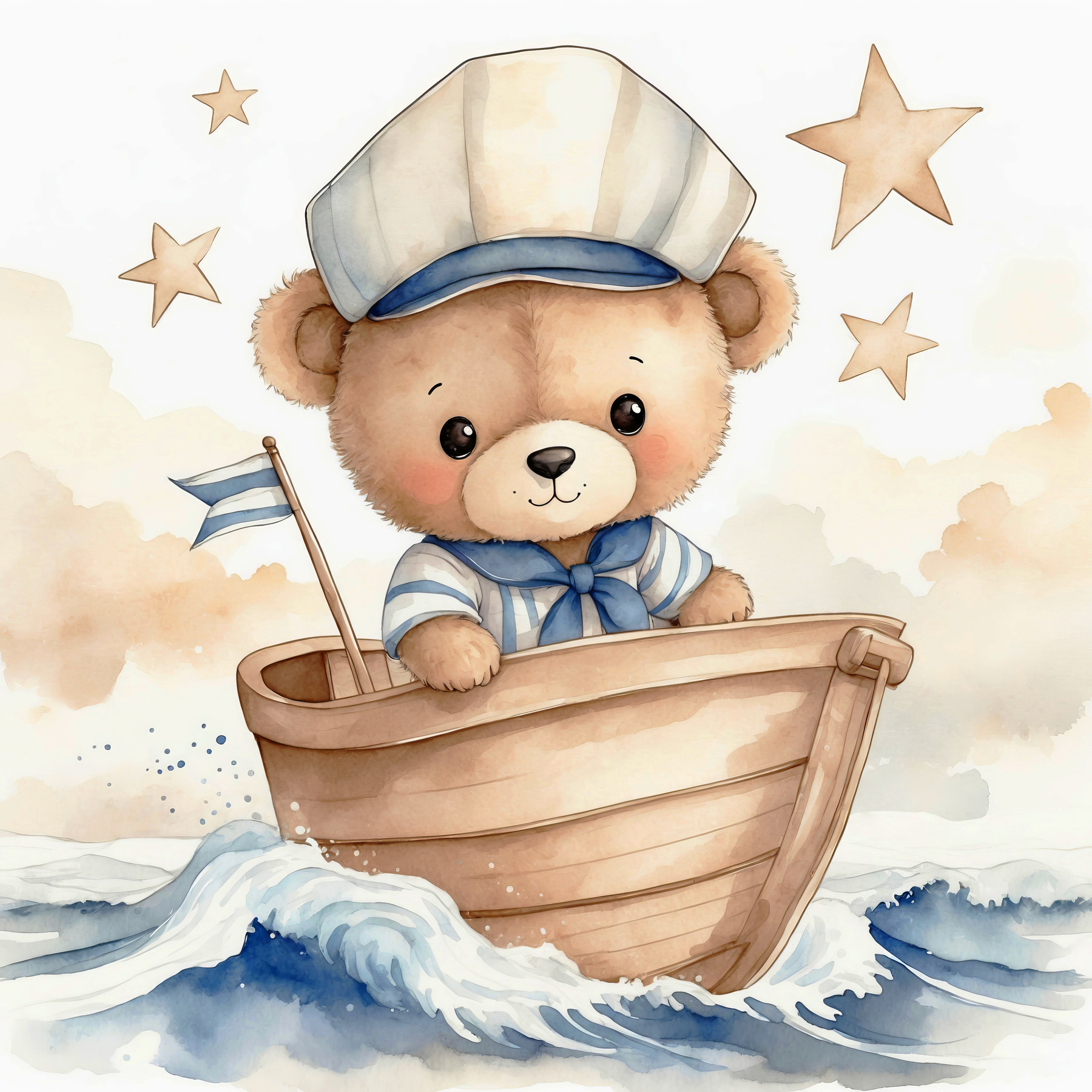 Watercolor of a teddy bear in a boat