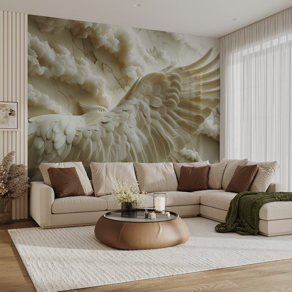 White bird with wings spread out