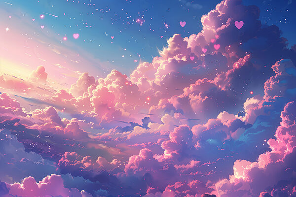 Cielo colorido con nubes y corazones Cielo colorido con nubes y corazones