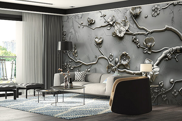 Silver floral design on a wall