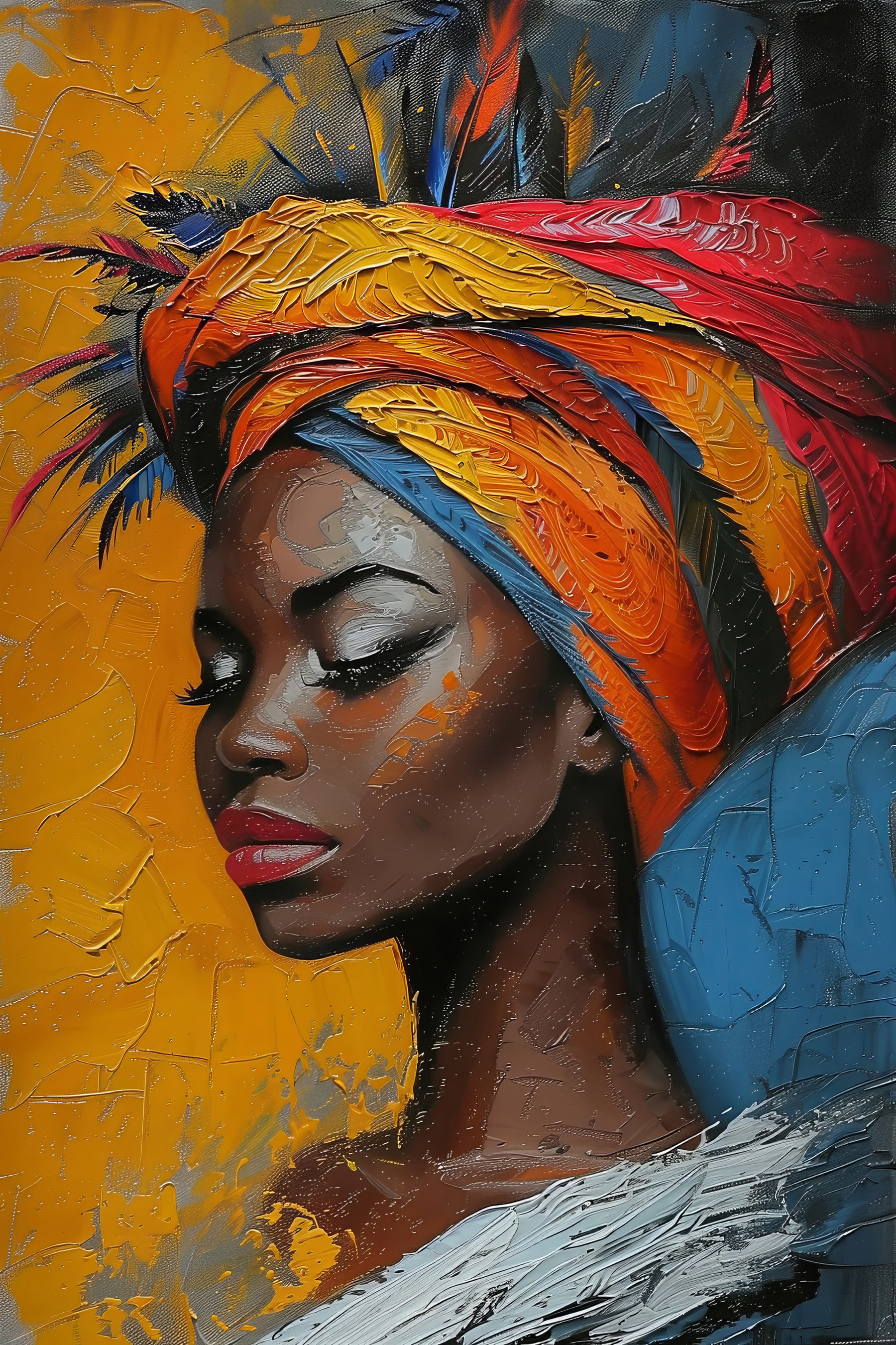Painting of a woman with a colorful head wrap