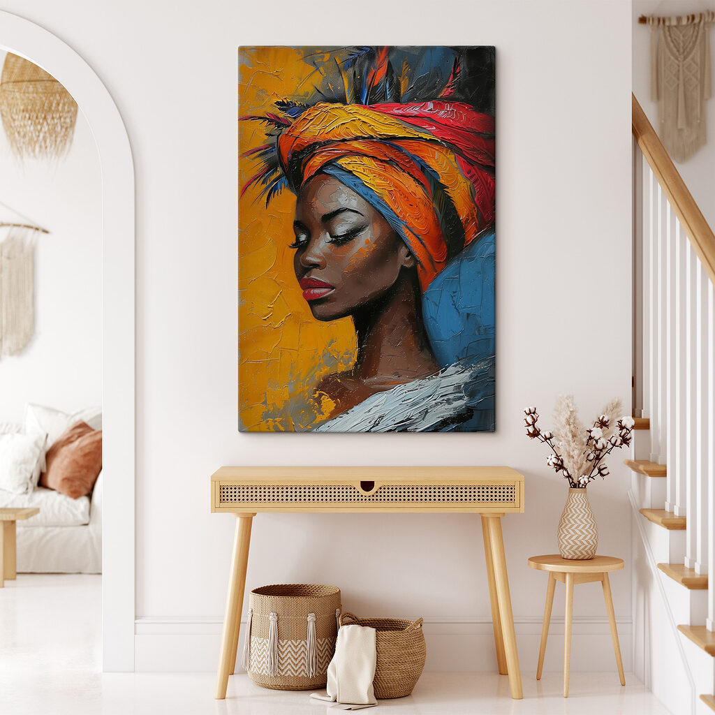 Painting of a woman with a colorful head wrap