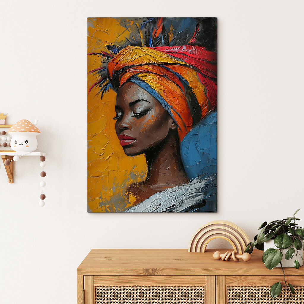 Painting of a woman with a colorful head wrap