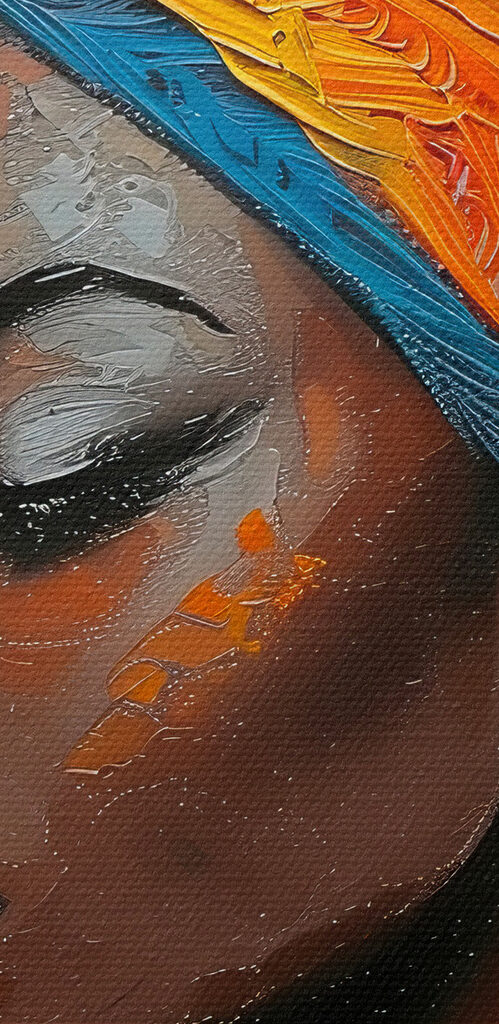 Painting of a woman with a colorful head wrap