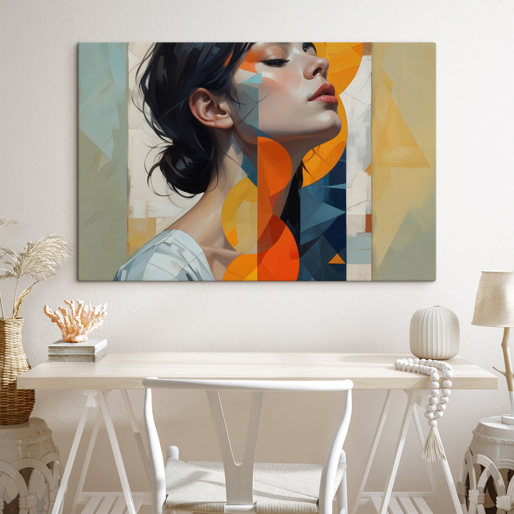 Woman with black hair and orange and blue circles Woman with black hair and orange and blue circles