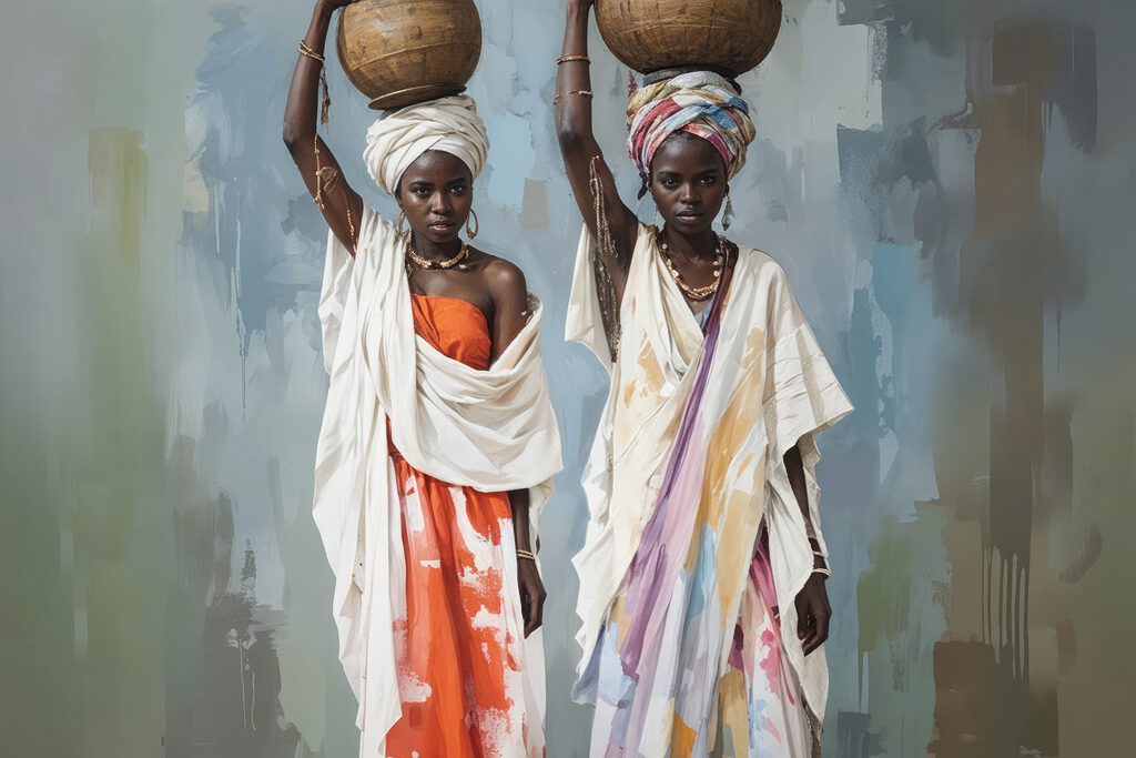 Group of women in traditional dresses holding baskets on their heads Group of women in traditional dresses holding baskets on their heads