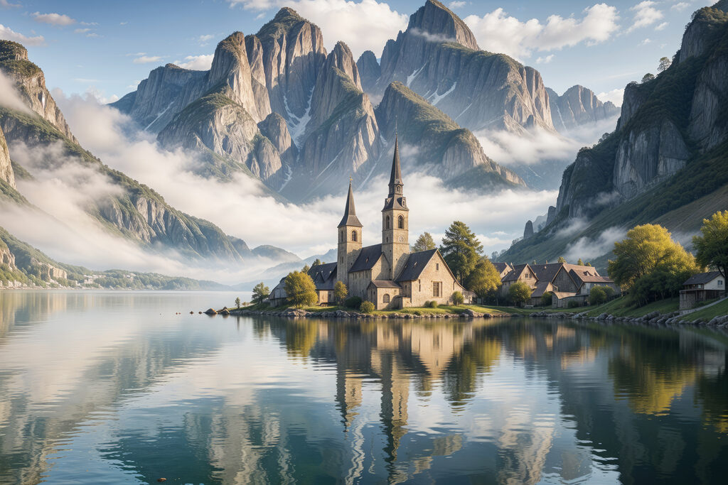 Building on a small island with a lake and mountains in the background