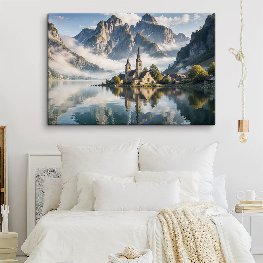 Building on a small island with a lake and mountains in the background