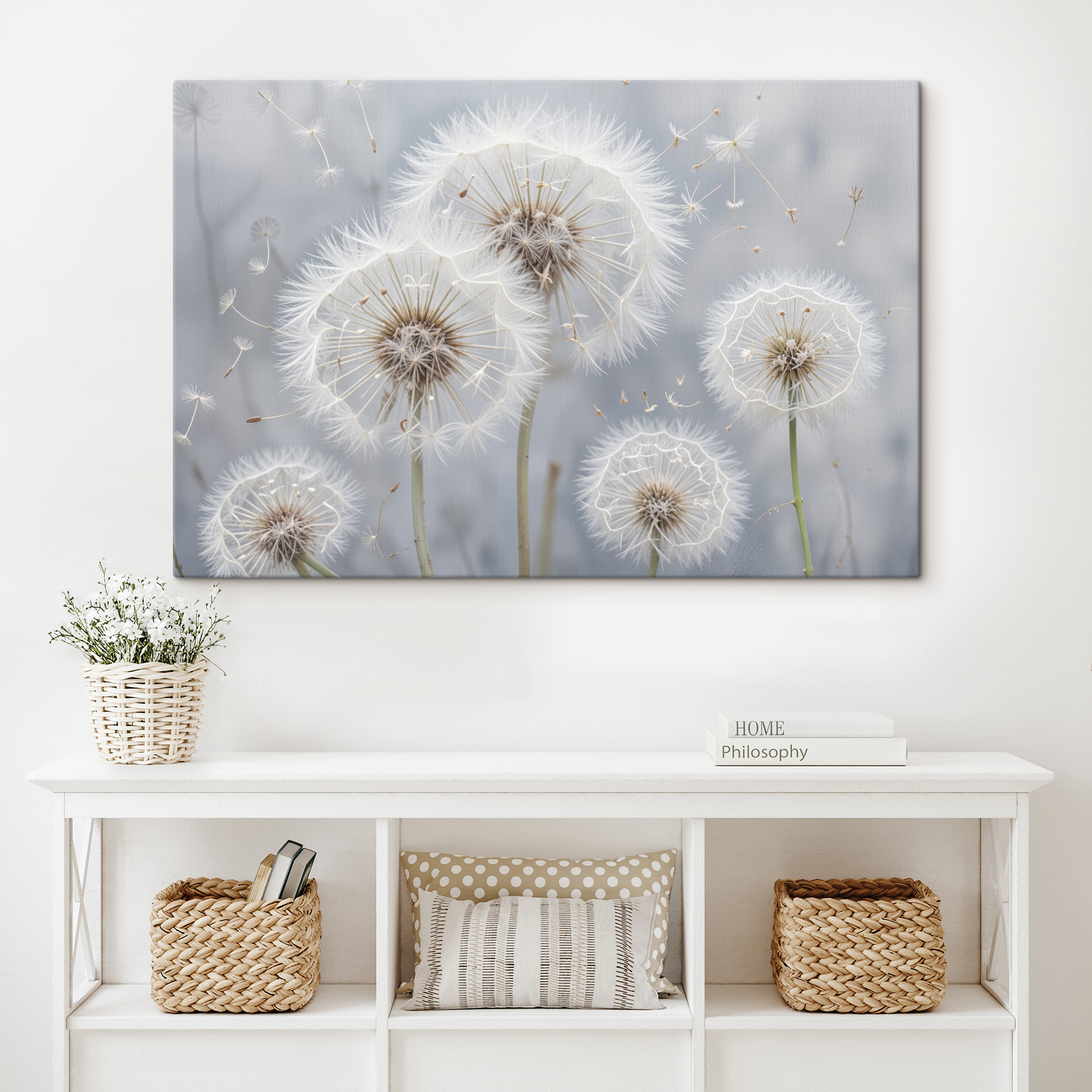 Group of dandelions with seeds flying Group of dandelions with seeds flying
