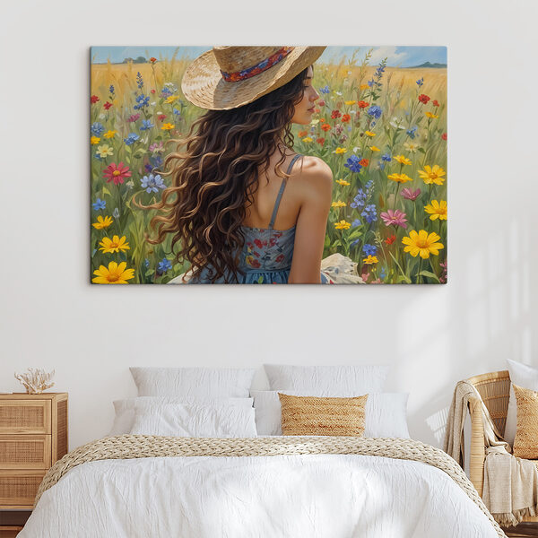 Cuadros Una mujer con sombrero en un campo de flores (SKU: s40560) Cuadros Cuadros Una mujer con sombrero en un campo de flores (SKU: s40560)