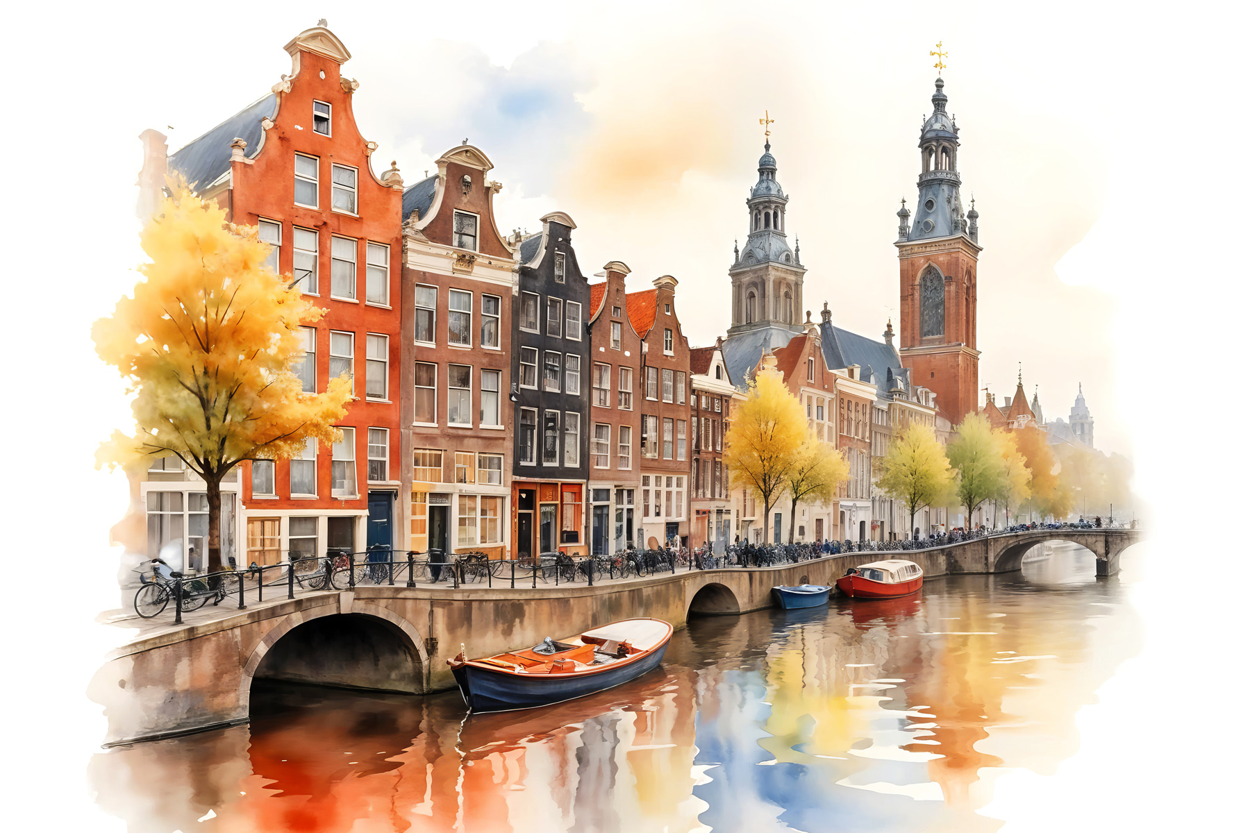 Watercolor of a canal with boats and buildings Watercolor of a canal with boats and buildings