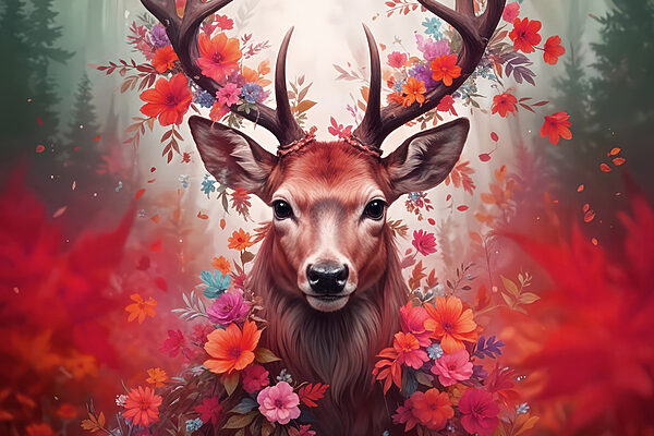 Deer with antlers surrounded by flowers