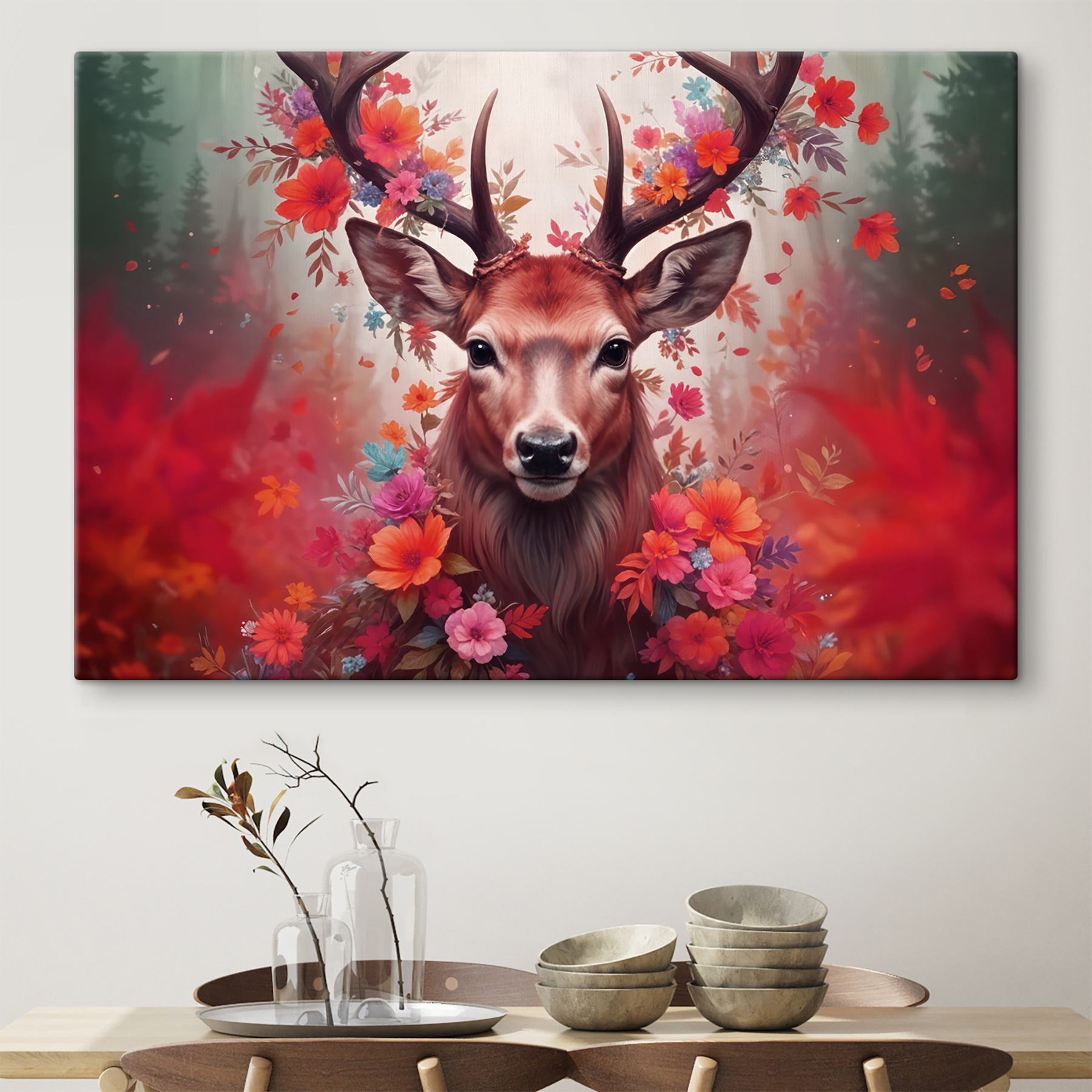 Deer with antlers surrounded by flowers