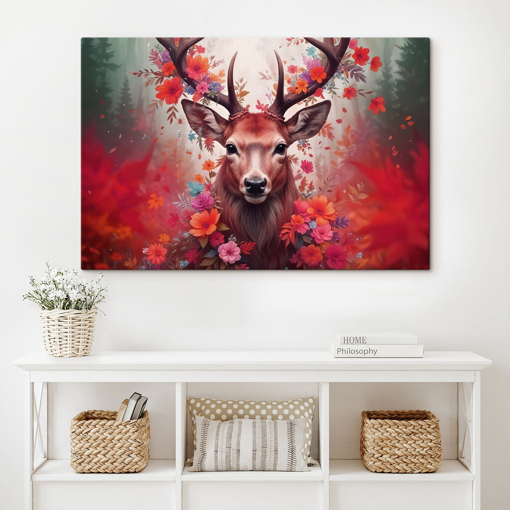 Deer with antlers surrounded by flowers