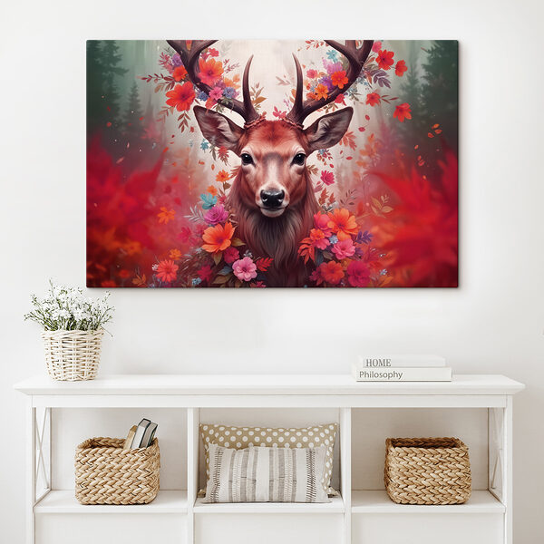 Deer with antlers surrounded by flowers