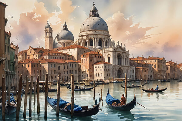 Group of gondolas in a body of water with a large building in the background Group of gondolas in a body of water with a large building in the background
