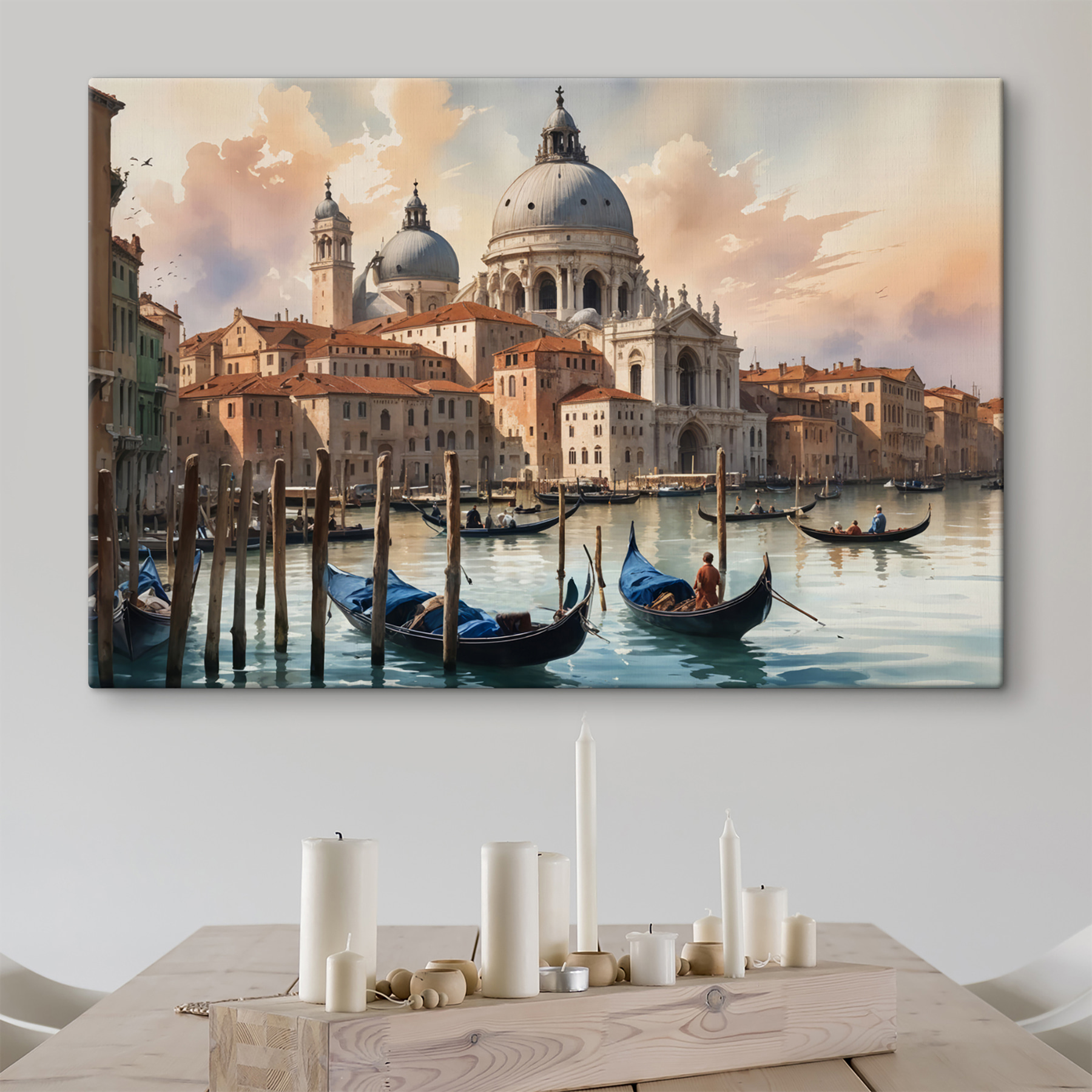 Group of gondolas in a body of water with a large building in the background Group of gondolas in a body of water with a large building in the background