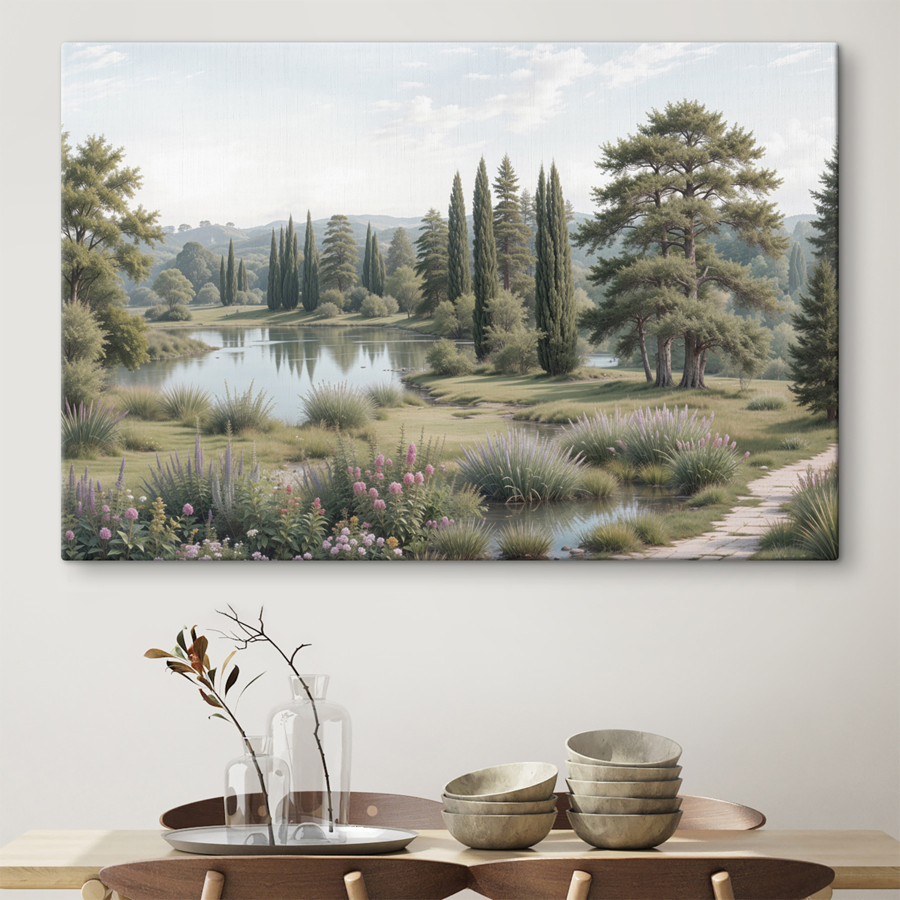 Lake with trees and grass and flowers Lake with trees and grass and flowers
