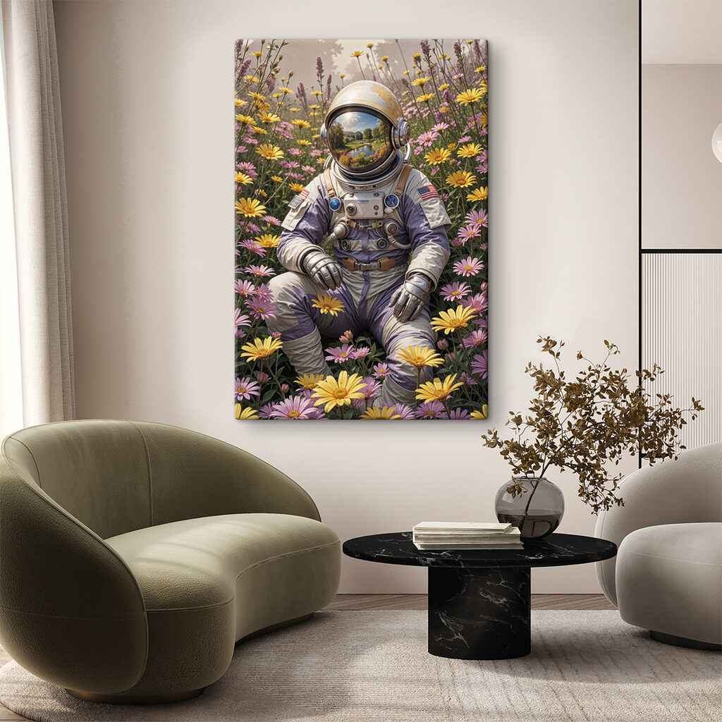 Astronaut sitting in a field of flowers