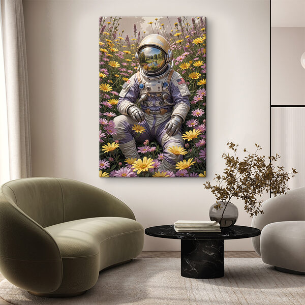 Astronaut sitting in a field of flowers