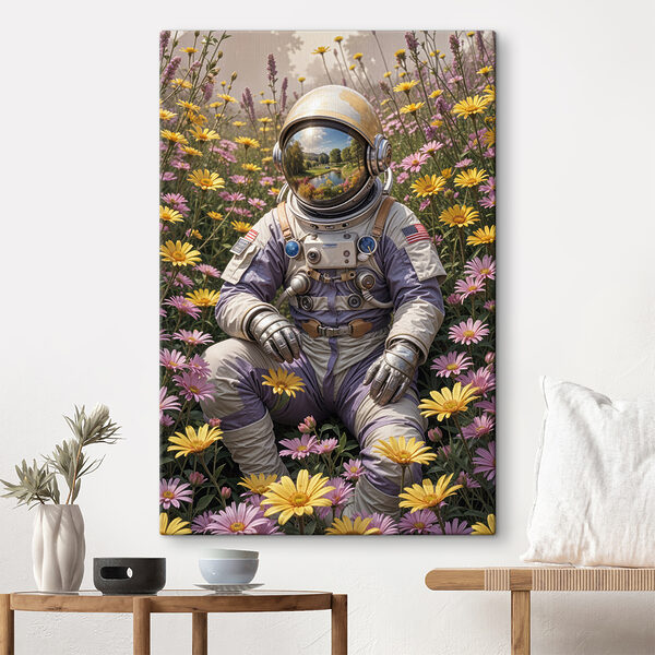 Astronaut sitting in a field of flowers